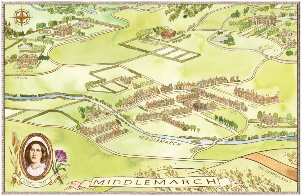 Escritora George Eliot, e o esboço de um mapa de Middlemarch, romance central do realismo inglês.